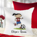 personalised cartoon footballer boy or girl velvet cushion gift