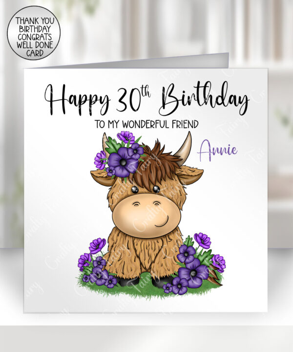 3726 personalised highland cow purple flowers card 1