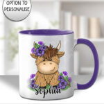 3727 personalised highland cow purple flowers mug 1