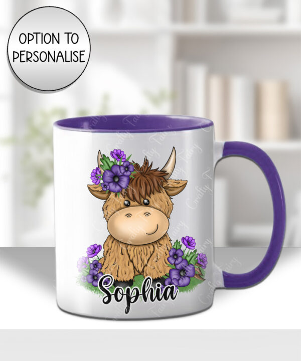 3727 personalised highland cow purple flowers mug 1
