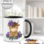 3727 personalised highland cow purple flowers mug coaster
