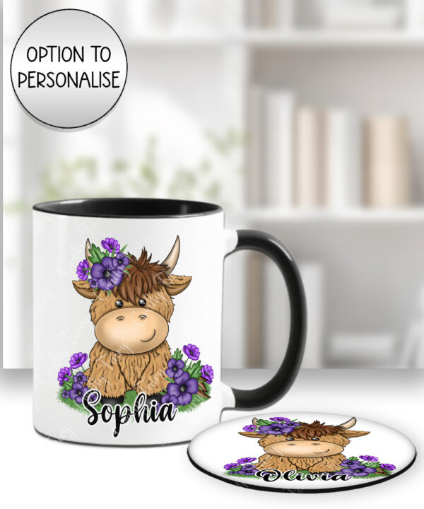 3727 personalised highland cow purple flowers mug coaster