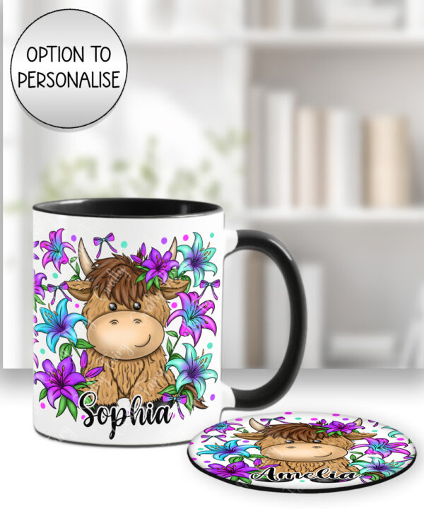 3733 personalised highland cow lilies mug coaster