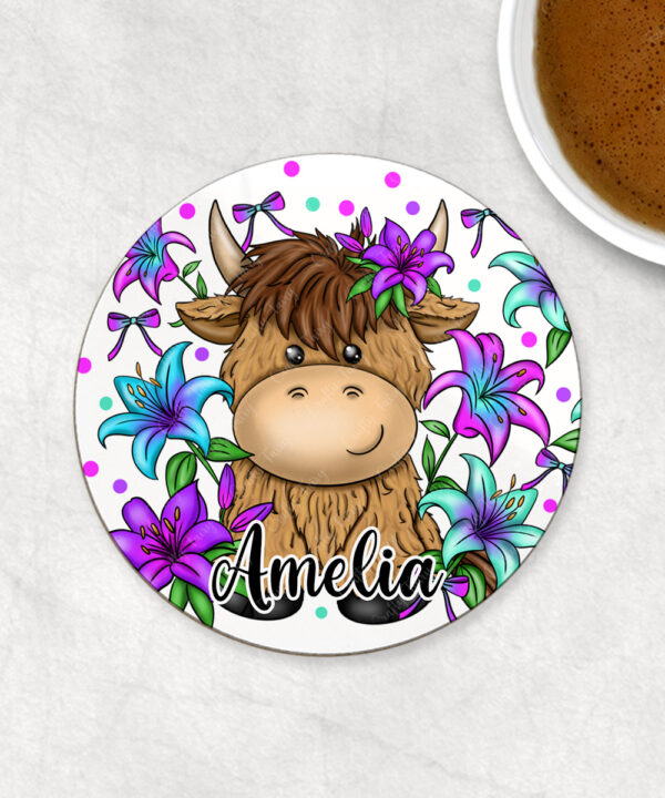 3734 personalised highland cow lilies coaster 1