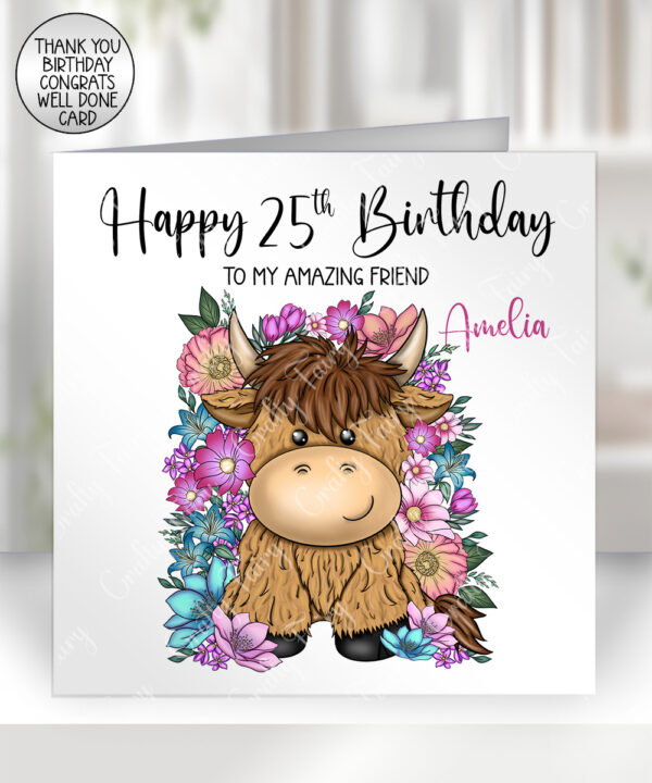 3738 personalised highland cow flowers card