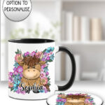 3739 personalised highland cow flowers mug coaster