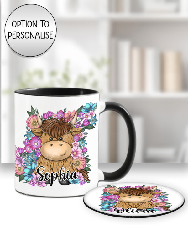 3739 personalised highland cow flowers mug coaster