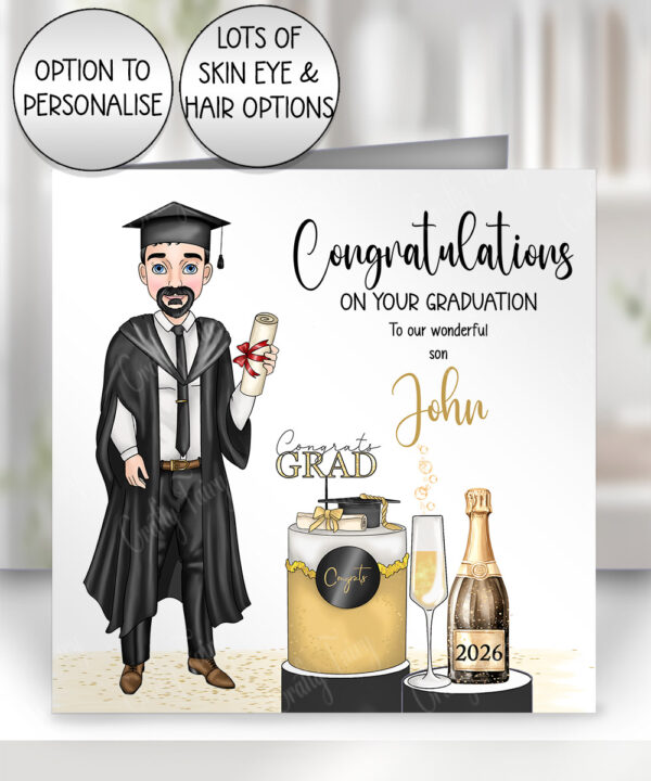 personalised graduation guy & champagne congratulations greetings card
