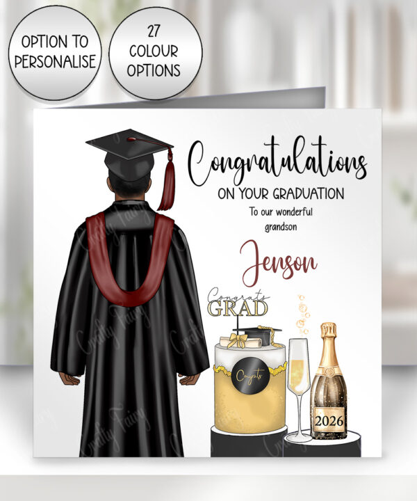 personalised graduation back view man cake & champagne glass congratulations card