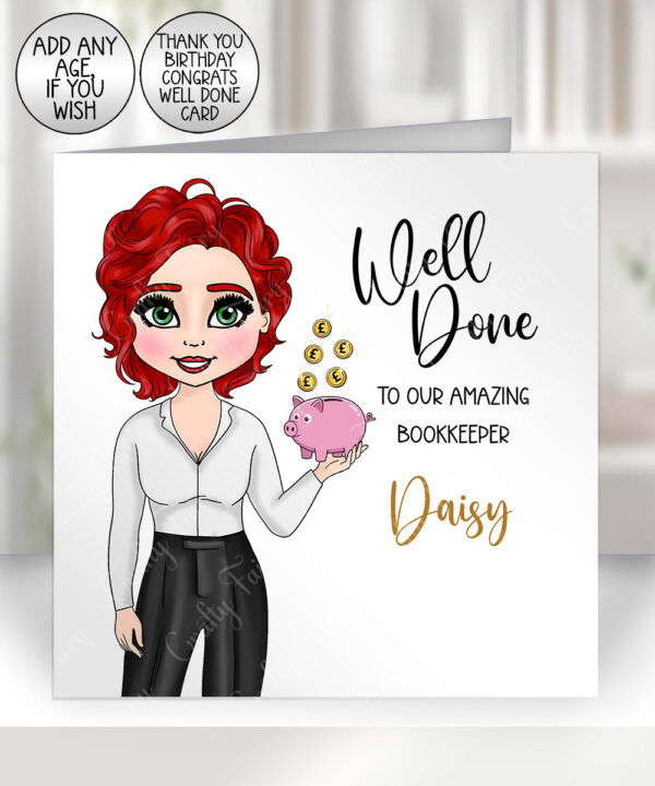 personalised accountant or bookkeeper lady birthday thank you or well done card
