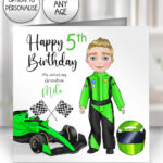 3818 personalised boy green formula1 racing car card 1