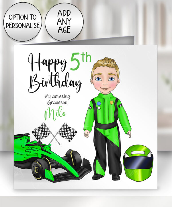 3818 personalised boy green formula1 racing car card 1