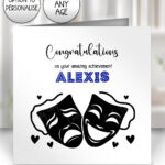 personalised musical theatre drama birthday card or congratulations card for boy or girl