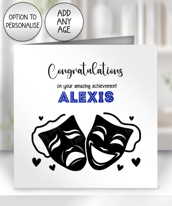 personalised musical theatre drama birthday card or congratulations card for boy or girl