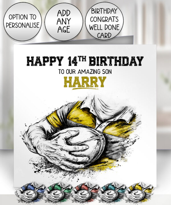 3834 personalised grunge man rugby personalised card yellow