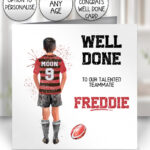 personalised rugby or football watercolour splash boy birthday or congratulations card