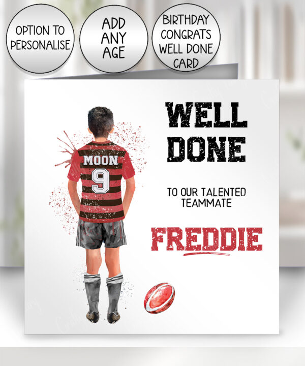 personalised rugby or football watercolour splash boy birthday or congratulations card