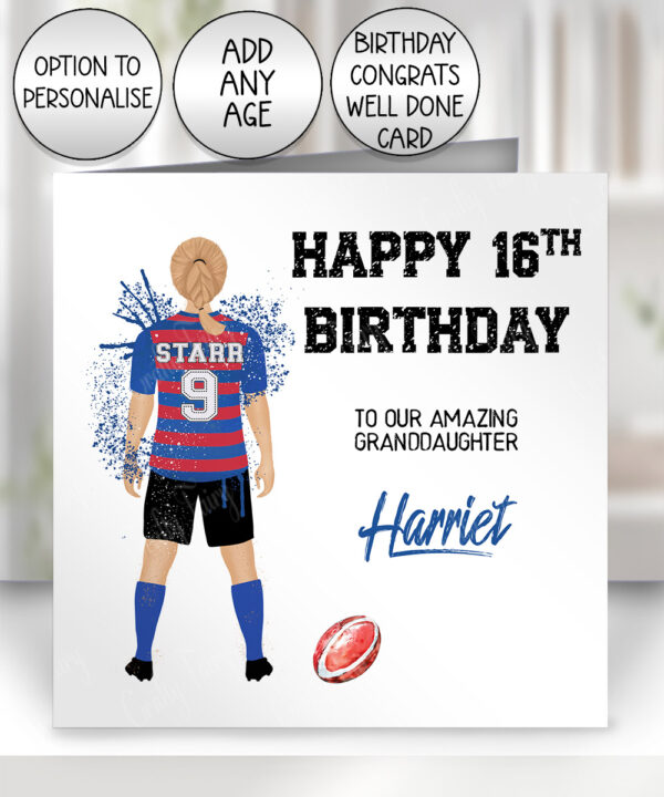 personalised rugby or football watercolour splash girl birthday or congratulations card