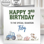 personalised tractor & farm animals birthday card for grandson or daughter