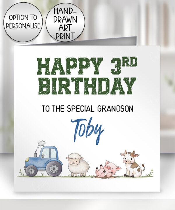 personalised tractor & farm animals birthday card for grandson or daughter