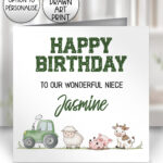 personalised tractor & farm animals birthday card for grandson or daughter