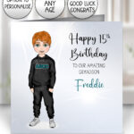 personalised cheerleader/dancer/drama boy birthday, thank you or well done custom greetings card