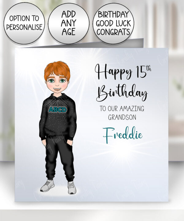 personalised cheerleader/dancer/drama boy birthday, thank you or well done custom greetings card