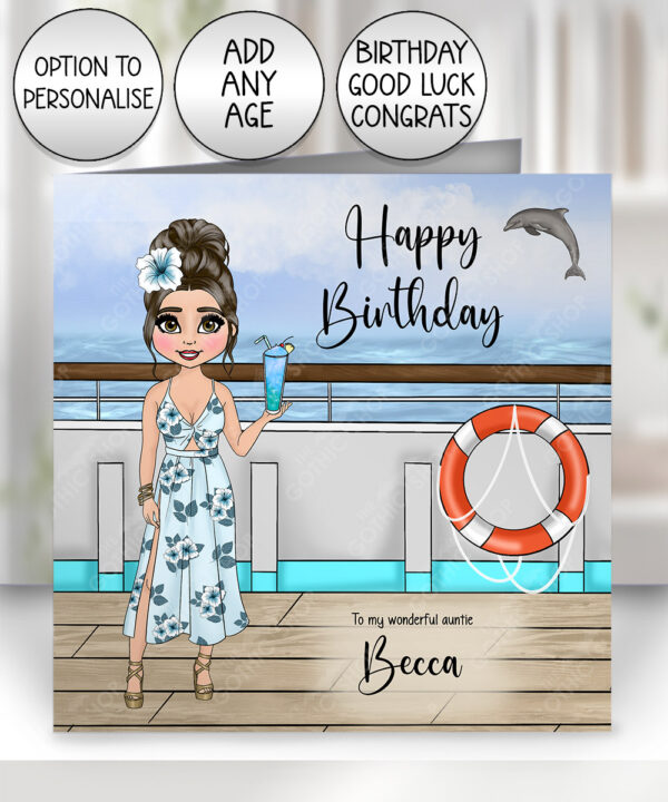 custom lady standing on cruise ship personalised card birthday, all occasions