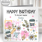 personalised daisies & coffee cups school themed teacher card thank you, all occasions