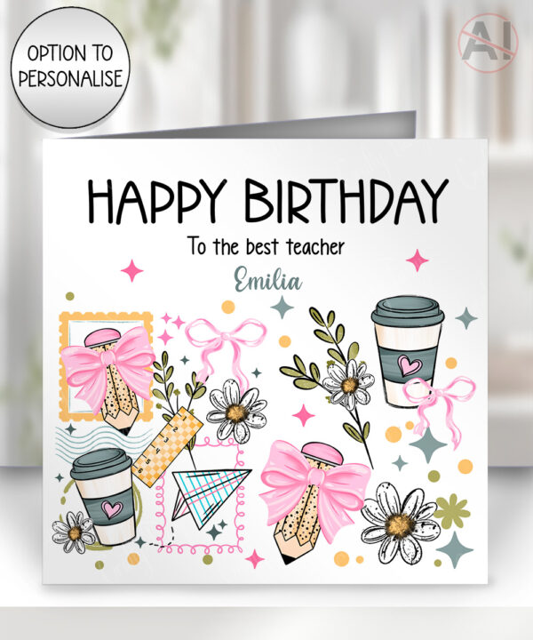 personalised daisies & coffee cups school themed teacher card thank you, all occasions