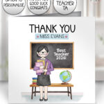 personalised teacher/lsa/ta card custom doodle female thank you, well done, happy birthday