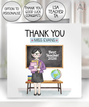 personalised teacher/lsa/ta card custom doodle female thank you, well done, happy birthday