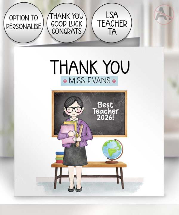 personalised teacher/lsa/ta card custom doodle female thank you, well done, happy birthday