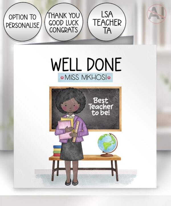 personalised teacher/lsa/ta card custom doodle female thank you, well done, happy birthday