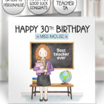 personalised teacher/lsa/ta card custom doodle female thank you, well done, happy birthday