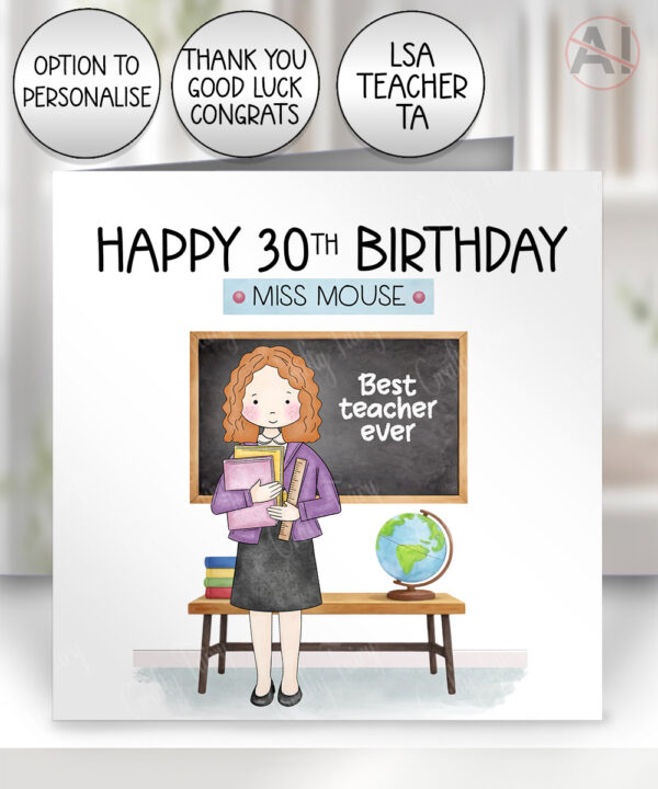 personalised teacher/lsa/ta card custom doodle female thank you, well done, happy birthday