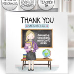 personalised teacher/lsa/ta card custom doodle female thank you, well done, happy birthday