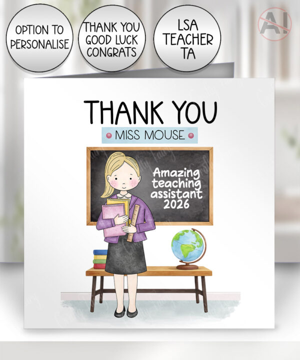 personalised teacher/lsa/ta card custom doodle female thank you, well done, happy birthday