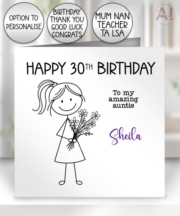 personalised teacher/lsa/ta/mentor thank you card doodle girl with flowers