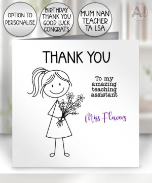 personalised teacher/lsa/ta/mentor thank you card doodle girl with flowers