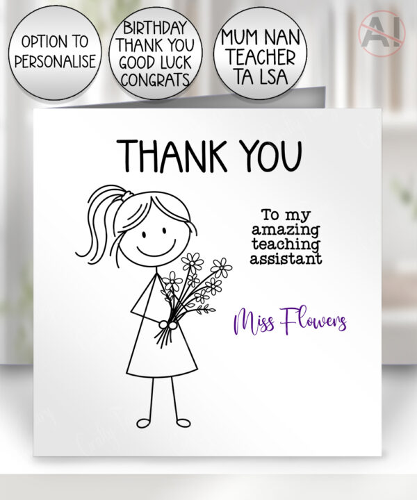 personalised teacher/lsa/ta/mentor thank you card doodle girl with flowers