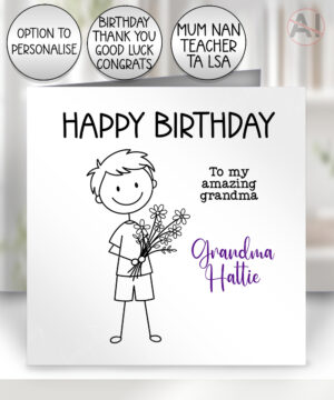 personalised teacher/lsa/ta/mentor thank you card doodle boy with flowers