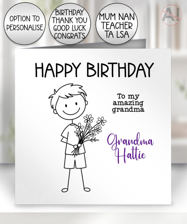 personalised teacher/lsa/ta/mentor thank you card doodle boy with flowers
