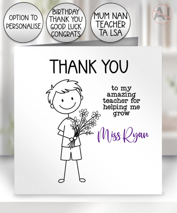 personalised teacher/lsa/ta/mentor thank you card doodle boy with flowers
