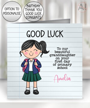 personalised first day of school / last day of preschool cartoon girl's card good luck or well done
