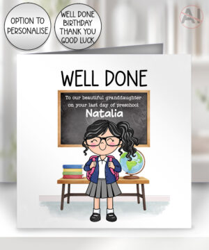 personalised first day / last day of school cartoon girl card good luck or well done