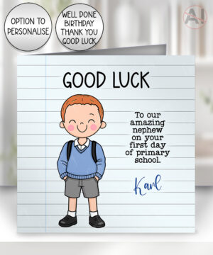 personalised first day of school / last day of preschool cartoon boy's card good luck or well done