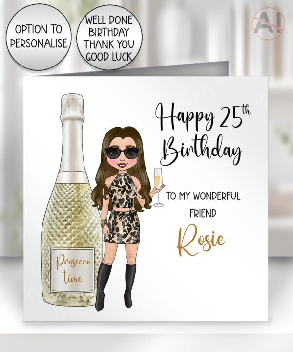 personalised prosecco time lady greeting card – birthday or well done
