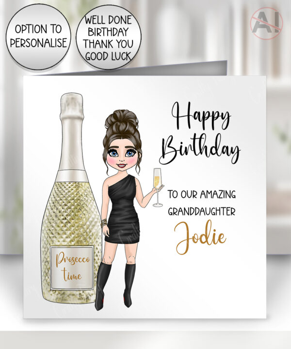 personalised prosecco time lady greeting card – birthday or well done