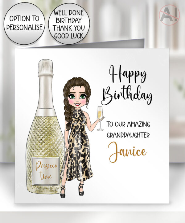 personalised prosecco time lady greeting card – birthday or well done